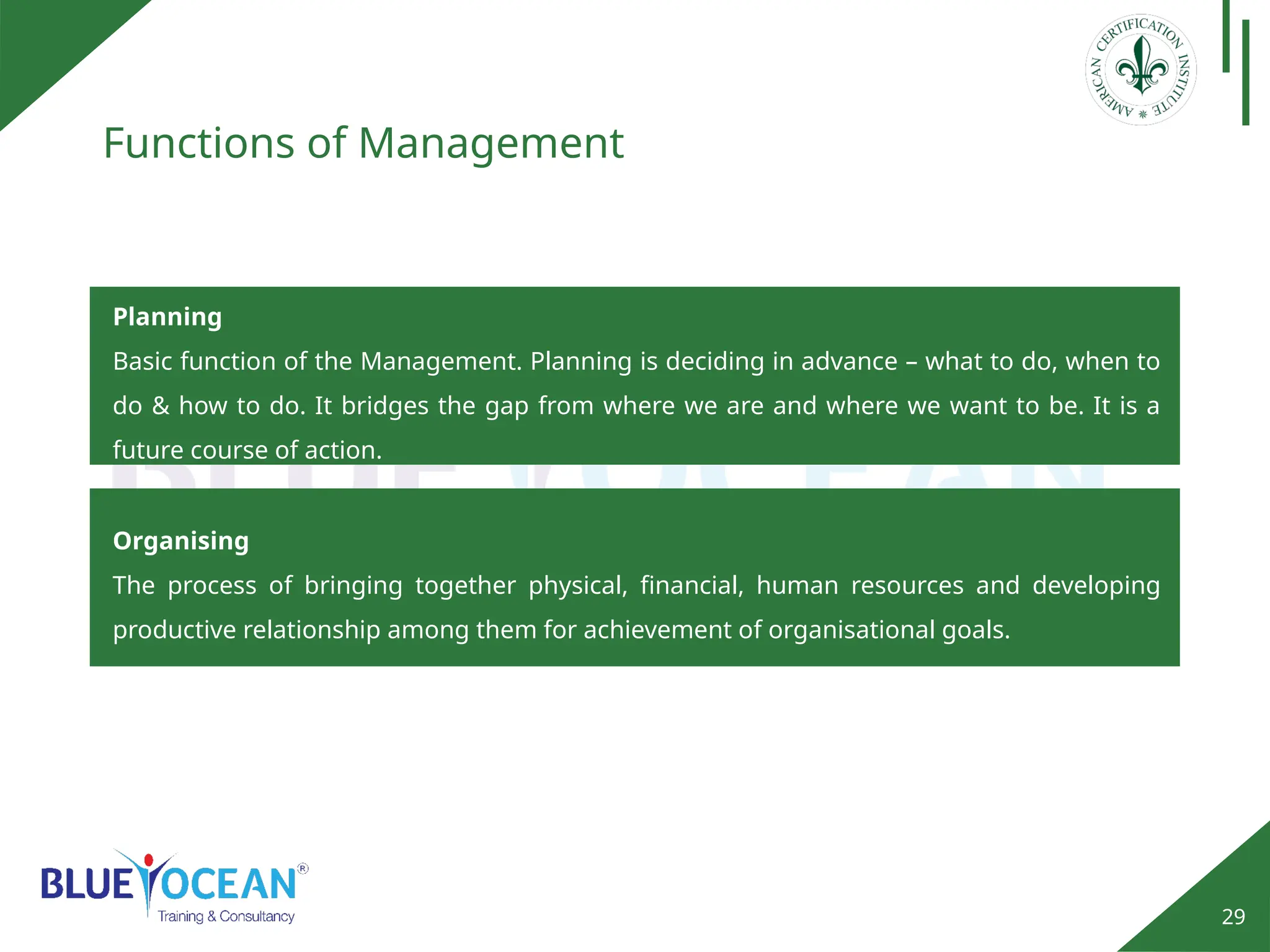 29
Functions of Management
Planning
Basic function of the Management. Planning is deciding in advance – what to do, when to
do & how to do. It bridges the gap from where we are and where we want to be. It is a
future course of action.
Organising
The process of bringing together physical, financial, human resources and developing
productive relationship among them for achievement of organisational goals.
 