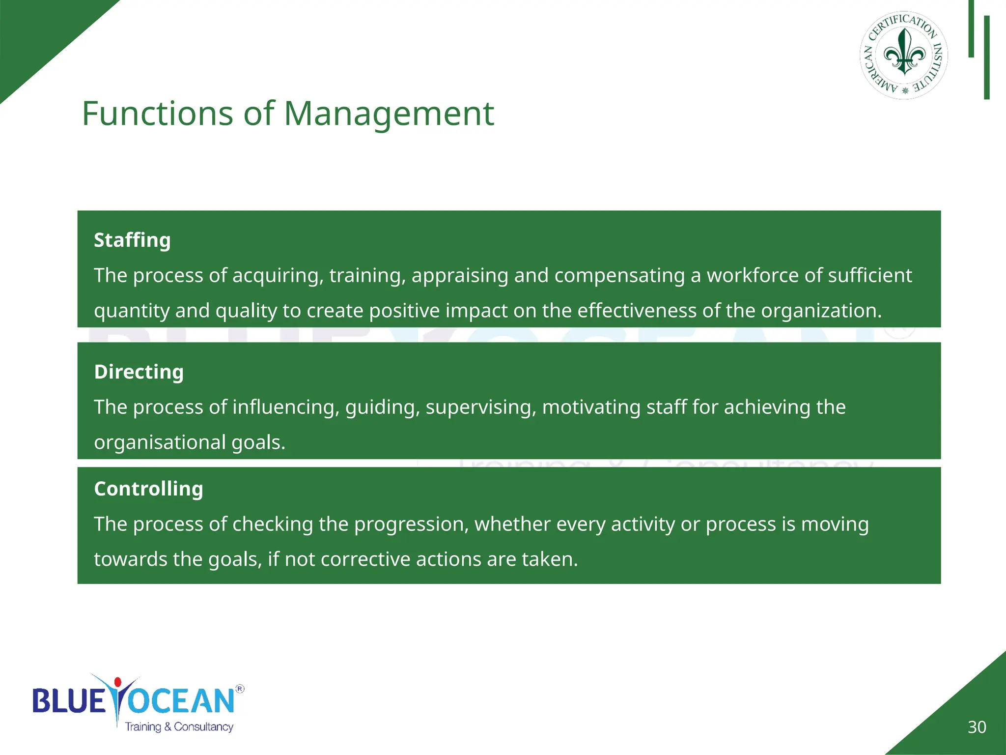30
Functions of Management
Controlling
The process of checking the progression, whether every activity or process is moving
towards the goals, if not corrective actions are taken.
Directing
The process of influencing, guiding, supervising, motivating staff for achieving the
organisational goals.
Staffing
The process of acquiring, training, appraising and compensating a workforce of sufficient
quantity and quality to create positive impact on the effectiveness of the organization.
 
