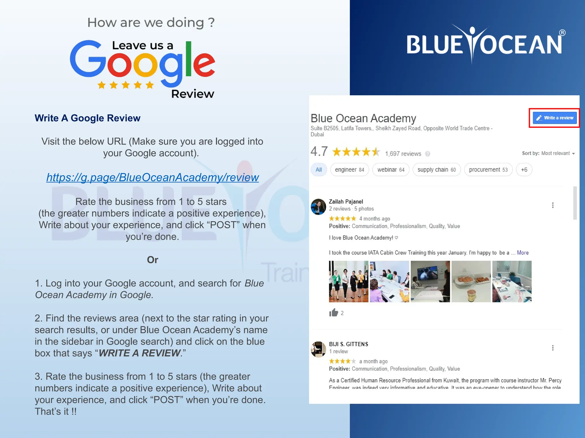 Write A Google Review
Visit the below URL (Make sure you are logged into
your Google account).
https://g.page/BlueOceanAcademy/review
Rate the business from 1 to 5 stars
(the greater numbers indicate a positive experience),
Write about your experience, and click “POST” when
you’re done.
Or
1. Log into your Google account, and search for Blue
Ocean Academy in Google.
2. Find the reviews area (next to the star rating in your
search results, or under Blue Ocean Academy’s name
in the sidebar in Google search) and click on the blue
box that says “WRITE A REVIEW.”
3. Rate the business from 1 to 5 stars (the greater
numbers indicate a positive experience), Write about
your experience, and click “POST” when you’re done.
That’s it !!
 