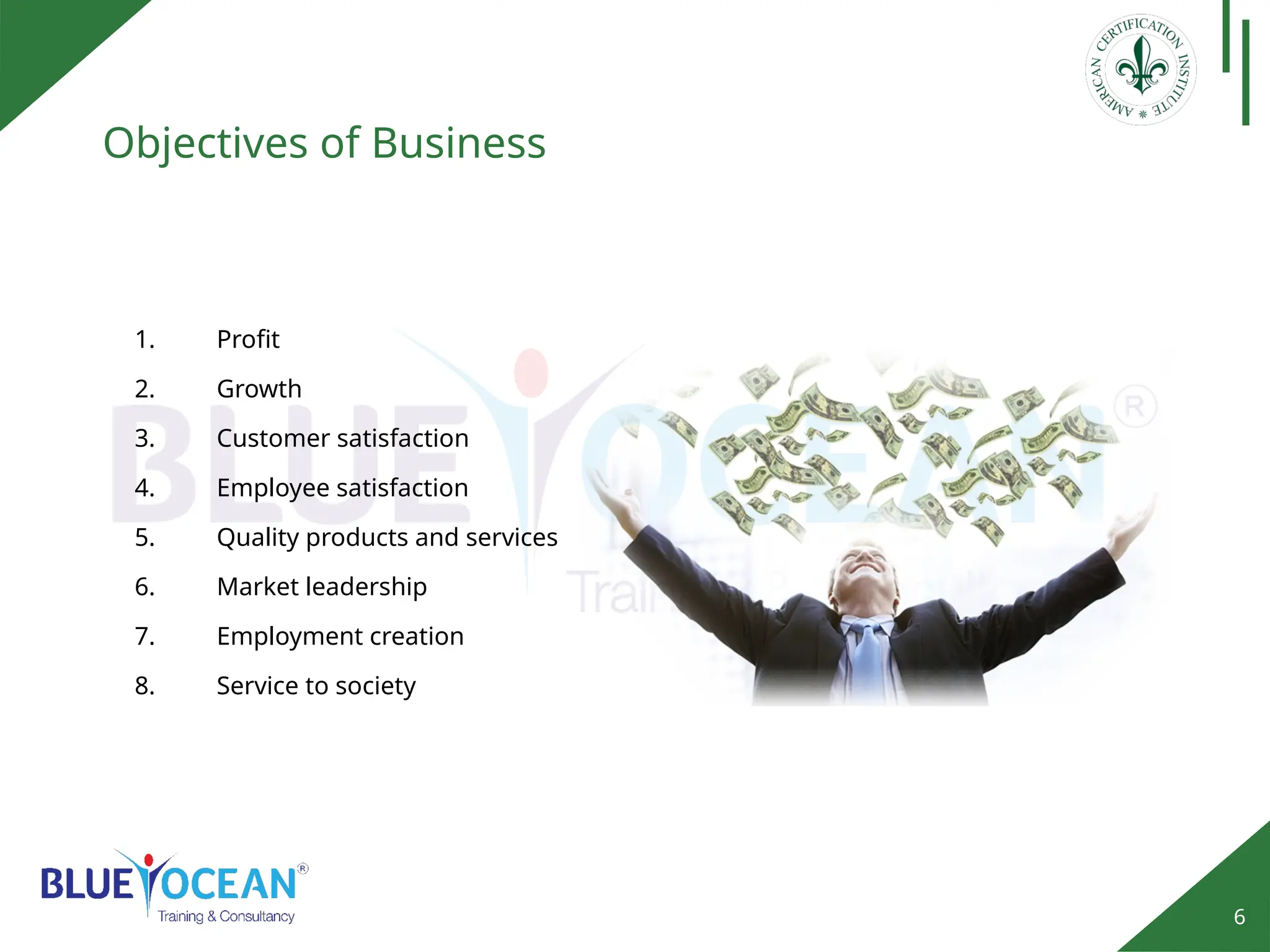 6
Objectives of Business
1. Profit
2. Growth
3. Customer satisfaction
4. Employee satisfaction
5. Quality products and services
6. Market leadership
7. Employment creation
8. Service to society
 
