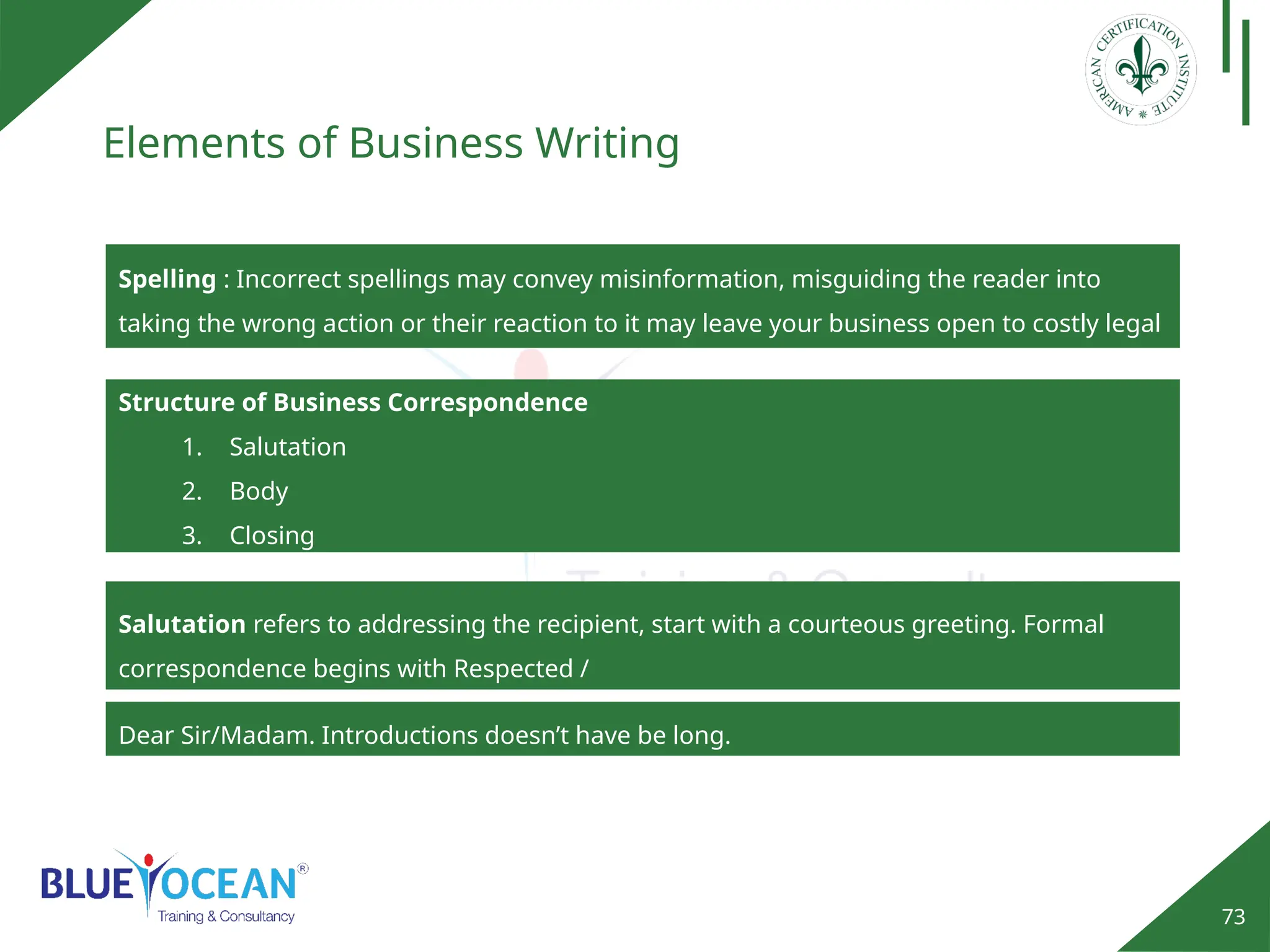 73
Elements of Business Writing
Spelling : Incorrect spellings may convey misinformation, misguiding the reader into
taking the wrong action or their reaction to it may leave your business open to costly legal
action.
Structure of Business Correspondence
1. Salutation
2. Body
3. Closing
Dear Sir/Madam. Introductions doesn’t have be long.
Salutation refers to addressing the recipient, start with a courteous greeting. Formal
correspondence begins with Respected /
 
