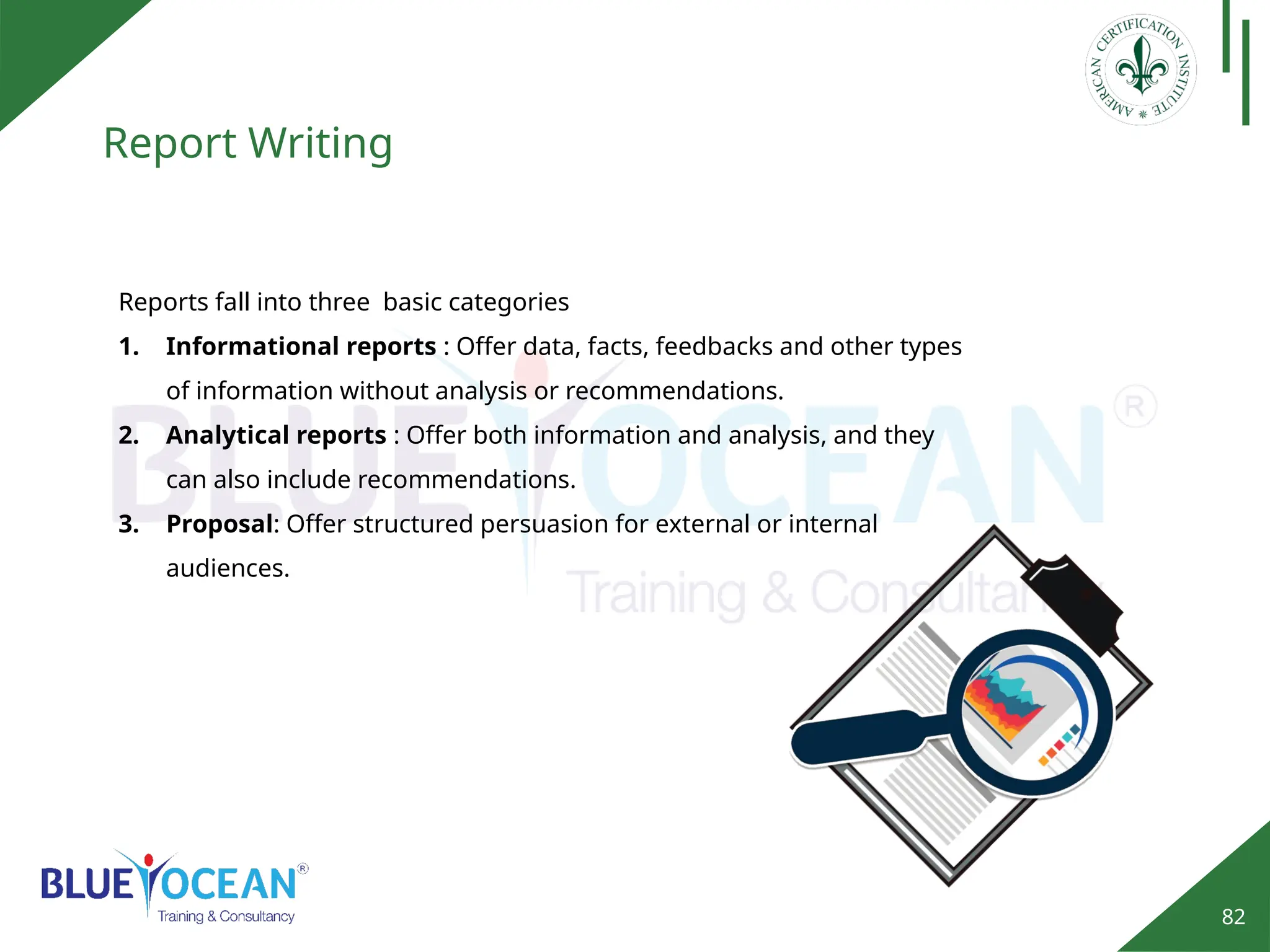 82
Report Writing
Reports fall into three basic categories
1. Informational reports : Offer data, facts, feedbacks and other types
of information without analysis or recommendations.
2. Analytical reports : Offer both information and analysis, and they
can also include recommendations.
3. Proposal: Offer structured persuasion for external or internal
audiences.
 