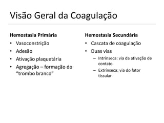 Visão Geral da Coagulação
Hemostasia Primária         Hemostasia Secundária
• Vasoconstrição            • Cascata de coagulação
• Adesão                    • Duas vias
• Ativação plaquetária         – Intrínseca: via da ativação de
                                 contato
• Agregação – formação do
                               – Extrínseca: via do fator
  “trombo branco”                tissular
 