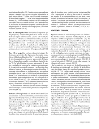 en células endoteliales (7). Cuando se presenta una lesión 
vascular y la sangre entra en contacto con el subendotelio, se 
da la interacción del FT celular con el factor VII circulante y 
lo activa. Este complejo (FT-VIIa) activa posteriormente los 
factores IX y X. El factor Xa se combina con el factor Va, pro-ceso 
que ocurre en la superfi cie celular y da como resultado 
la producción de trombina en pequeñas cantidades, las cua-les 
participarán en la activación de las plaquetas y del factor 
VIII en la siguiente fase (8). 
Fase de 2 de amplificación: la lesión vascular permite que 
las plaquetas y componentes plasmáticos entren en con-tacto 
con tejidos extravasculares. Una vez esto sucede, las 
plaquetas se adhieren a la matriz subendotelial y se activan 
en aquellos sitios donde el FT ha sido expuesto. La trom-bina 
generada en la fase 1 amplifi ca la señal procoagulante 
al actuar como activador de los factores V, VIII y XI, los 
cuales se ubican en la superfi cie plaquetaria para servir 
como mediadores en reacciones de la siguiente fase (9, 10). 
Fase 3 de propagación: esta fase está caracterizada por dos 
fenómenos principales. En el primero, el complejo tenaza 
(factor VIIIa, factor IXa, calcio [Ca++] y fosfolípidos) cumple 
la función catalizadora al promover la conversión del factor 
Xa; en el segundo, el complejo protrombinasa (factor Xa, fac-tor 
Va, Ca++ y fosfolípidos) promueve la generación de gran-des 
cantidades de trombina, las cuales son necesarias para 
la formación de un coágulo resistente a la fi brinólisis. Esto 
último es lo que se ha denominado explosión de trombina. El 
complejo protrombinasa es fundamental para la etapa fi nal 
de esta fase gracias a que es 300 000 veces más activo que el 
factor Xa en lo que respecta a la catálisis de la protrombina. 
La trombina generada a partir de esto es la encargada de la 
activación del factor XIII y del inhibidor de la fi brinólisis 
activado por trombina (TAFI), sustancias que ayudan a con-seguir 
y mantener la estabilidad del coágulo (11-13). 
Se puede afi rmar, entonces, que este modelo contempla 
una vía única y la focalización del proceso en las superfi cies 
celulares (14, 15). 
Sistemas anticoagulantes: con el fi n de evitar la formación 
de cantidades excesivas de trombina, que son innecesarias 
y potencialmente perjudiciales, el sistema hemostásico está 
controlado de forma estricta por los anticoagulantes natu-rales. 
Estos compuestos están localizados en el endotelio 
vascular, de los que se destacan el inhibidor de la vía del 
factor tisular (TFPI, por su sigla en inglés), la antitrombina 
y la proteína C (6). 
El TFPI ejerce su función al unirse al complejo FT-FVII, 
con lo que evita que este active los factores IX y X. La anti-trombina 
tiene una acción doble al actuar directamente 
sobre la trombina pero también sobre los factores IXa 
y Xa. La proteína C se halla en dos formas: la endotelial, 
que necesita de la trombomodulina para que actúe como 
receptor al momento de la activación por la trombina, y la 
proteína C circulante, que se une a un receptor endotelial. 
Estos dos componentes permiten la transformación de 
proteína C a proteína C activada, que en presencia de su 
cofactor, la proteína S, inhibe los factores V y VIII (16, 17). 
HEMOSTASIS PRIMARIA 
Aproximadamente un tercio de los pacientes con enferme-dad 
hepática crónica desarrolla trombocitopenia, la cual 
empeora a medida que progresa la enfermedad (18). En 
pacientes con cirrosis avanzada, hasta el 90% de las plaquetas 
pueden ser almacenadas en el bazo; sin embargo, en estos 
pacientes el recuento de plaquetas periféricas, por lo general, 
permanece solo moderadamente disminuido (19). Otros 
mecanismos que están implicados en este fenómeno son la 
producción disminuida de trombopoyetina por el hígado y 
la vida media plaquetaria reducida, relacionada con la pre-sencia 
de anticuerpos contra las glicoproteína (GP) IIb-IIIa 
y GP Ib/I producidos por los linfocitos B, especialmente en 
las cirrosis causadas por el virus de la hepatitis B (VHB), el 
virus de la hepatitis C (VHC), la cirrosis biliar primaria y la 
colangitis esclerosante primaria (20-23). 
En los pacientes con cirrosis por alcohol, la producción 
de las plaquetas está alterada por el défi cit de ácido fólico 
y por los efectos tóxicos del etanol en la megacariopoye-sis 
(24). El VHC también está asociado con un efecto 
mielosupresor que podría sumarse a las lesiones mencio-nadas 
previamente (22). Las alteraciones plaquetarias no 
se limitan exclusivamente a la disminución en su número, 
también pueden encontrarse algunos cambios funcionales 
como la menor producción de tromboxano A2, defectos en 
la GPIb (25), agregación alterada en respuesta al difosfato 
de adenosina (ADP), ácido araquidónico, colágeno y trom-bina, 
lo que refl eja probablemente mecanismos alterados 
de transducción de señales y disminución en el número 
de receptores plaquetarios funcionales como consecuen-cia 
de la proteólisis por la plasmina (26, 27). Adicional a 
esto, la producción excesiva por parte del endotelio de 
algunos inhibidores de la agregación plaquetaria como el 
óxido nítrico y las prostaciclinas, además de la proteólisis 
plaquetaria por la plasmina, contribuyen a la alteración en 
la activación de estas células (28). 
Por su parte, en la hemostasis primaria del paciente cirró-tico, 
el factor de von Willebrand se encuentra elevado de tal 
manera que puede alcanzar hasta 10 veces el valor normal y 
actuar como un elemento compensador para las alteracio-nes 
plaquetarias en número y función (19, 29). 
106 Rev Col Gastroenterol / 27 (2) 2012 Artículos de revisión 
 