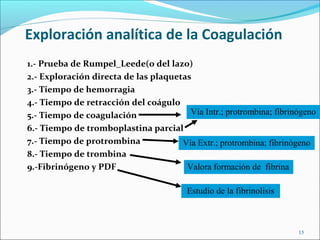 Exploración analítica de la Coagulación
1.- Prueba de Rumpel_Leede(o del lazo)
2.- Exploración directa de las plaquetas
3.- Tiempo de hemorragia
4.- Tiempo de retracción del coágulo
5.- Tiempo de coagulación               Vía Intr.; protrombina; fibrinógeno
6.- Tiempo de tromboplastina parcial
7.- Tiempo de protrombina             Vía Extr.; protrombina; fibrinógeno
8.- Tiempo de trombina
9.-Fibrinógeno y PDF                   Valora formación de fibrina

                                         Estudio de la fibrinolisis



                                                                      15
 