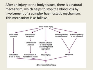 After an injury to the body tissues, there is a natural
mechanism, which helps to stop the blood loss by
involvement of a complex haemostatic mechanism.
This mechanism is as follows:
 