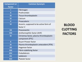 BLOOD
CLOTTING
FACTORS
Component or
Factor
Common Synonym
I Fibrinogen
II Prothrombin
III Tissue thromboplastin
IV Calcium
V Proaccelerin
VI Accerin, supposed to be active form of
factor V
VII Proconvertin
VIII Antihemophilic factor (AHF)
IX Christmas factor, plasma thromboplastin
component (PTC)
X Stuart-Prower factor
XI Plasma thromboplastin antecedent (PTA)
XII Hageman factor
XIII Fibrin-stabilizing factor
XIV Prekallekrein
XV kallekrein
XVI Platelet factor
 