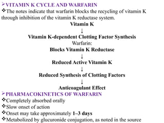 VITAMIN K CYCLE AND WARFARIN
The notes indicate that warfarin blocks the recycling of vitamin K
through inhibition of the vitamin K reductase system.
Vitamin K
↓
Vitamin K-dependent Clotting Factor Synthesis
Warfarin:
Blocks Vitamin K Reductase
↓
Reduced Active Vitamin K
↓
Reduced Synthesis of Clotting Factors
↓
Anticoagulant Effect
PHARMACOKINETICS OF WARFARIN
Completely absorbed orally
Slow onset of action
Onset may take approximately 1–3 days
Metabolized by glucuronide conjugation, as noted in the source
 