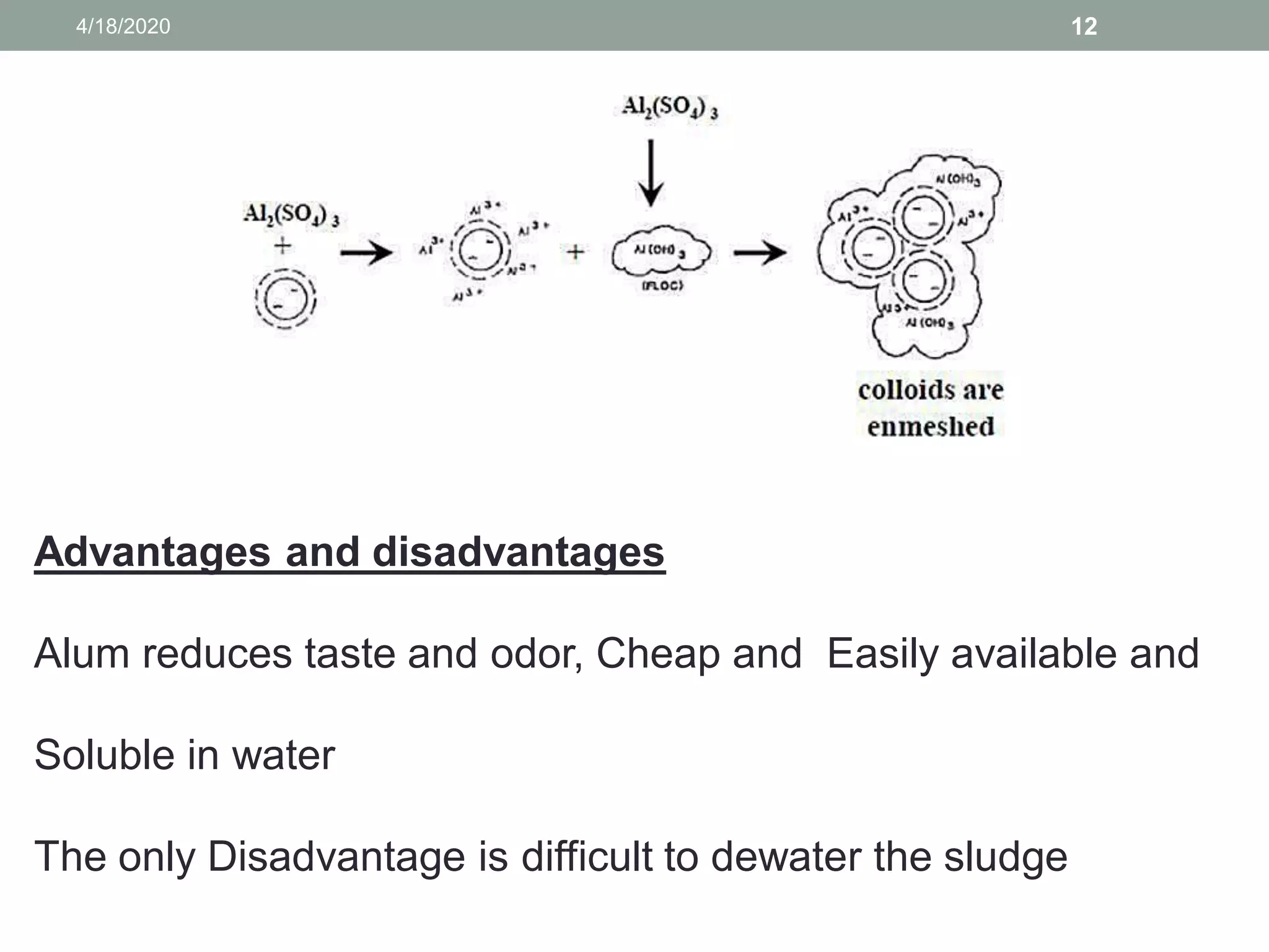 4/18/2020 12
Advantages and disadvantages
Alum reduces taste and odor, Cheap and Easily available and
Soluble in water
The only Disadvantage is difficult to dewater the sludge
 