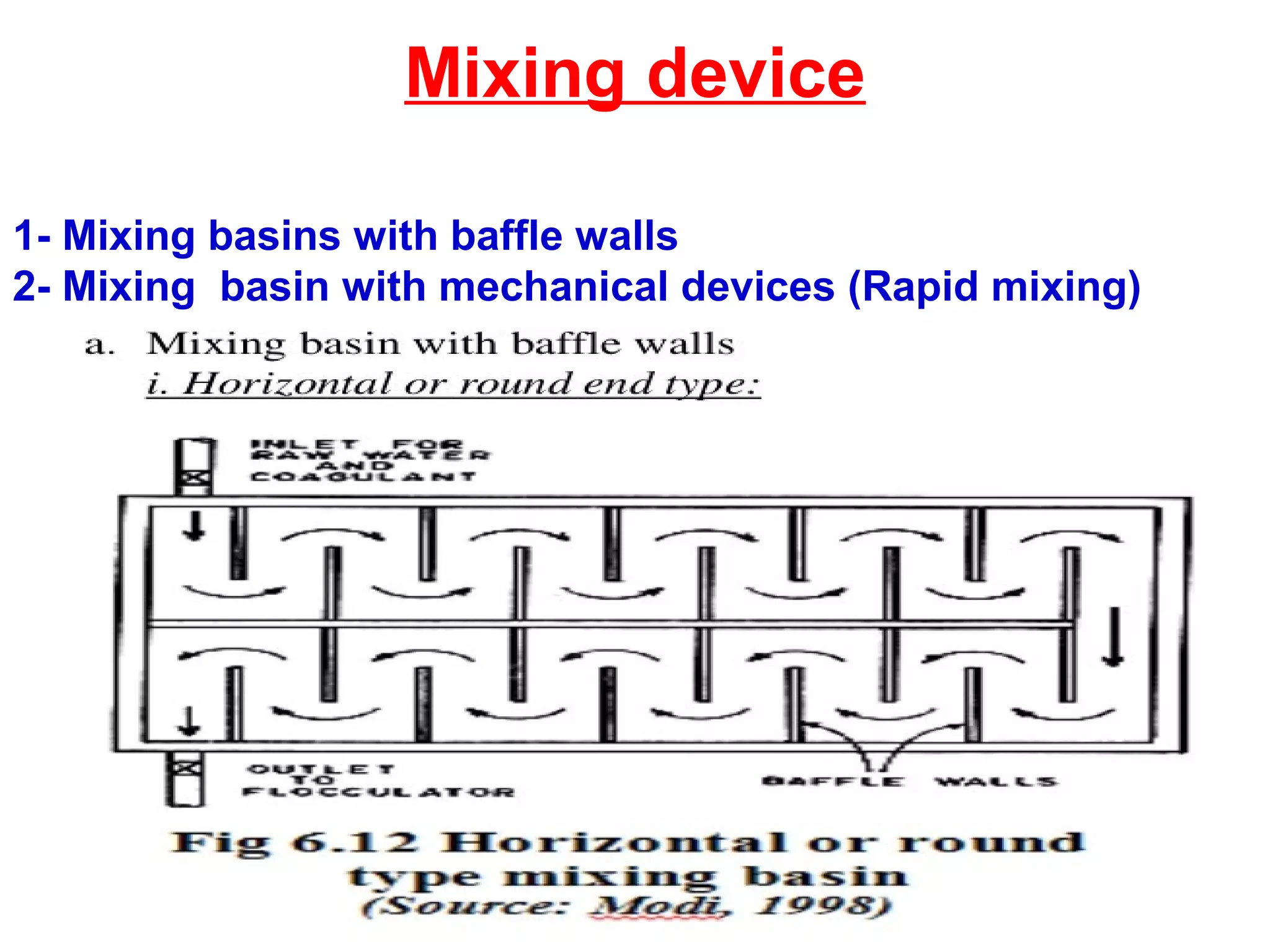 Mixing device
03/28/17 water treatment 20
1- Mixing basins with baffle walls
2- Mixing basin with mechanical devices (Rapid mixing)
 