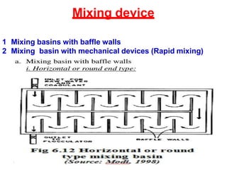 Mixing device
03/28/17 water treatment 20
1 Mixing basins with baffle walls
2 Mixing basin with mechanical devices (Rapid mixing)
 