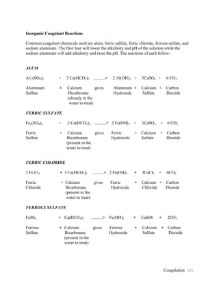Inorganic Coagulant Reactions
Common coagulant chemicals used are alum, ferric sulfate, ferric chloride, ferrous sulfate, and
sodium aluminate. The first four will lower the alkalinity and pH of the solution while the
sodium aluminate will add alkalinity and raise the pH. The reactions of each follow:
ALUM
A12(SO4)3 + 3 Ca(HCO3)2 ------------> 2 Al(OH)3 + 3CaSO4 + 6 CO2
Aluminum + Calcium gives Aluminum + Calcium + Carbon
Sulfate Bicarbonate Hydroxide Sulfate Dioxide
(already in the
water to treat)
FERRIC SULFATE
Fe2(SO4)3 + 3 Ca(HCO3)2 ------------> 2 Fe(OH)3 + 3CaSO4 + 6 CO2
Ferric + Calcium gives Ferric + Calcium + Carbon
Sulfate Bicarbonate Hydroxide Sulfate Dioxide
(present in the
water to treat)
FERRIC CHLORIDE
2 Fe Cl3 + 3 Ca(HCO3)2 ------------> 2 Fe(OH)3 + 3CaCl2 + 6CO2
Ferric + Calcium gives Ferric + Calcium + Carbon
Chloride Bicarbonate Hydroxide Chloride Dioxide
(present in the
water to treat)
FERROUS SULFATE
FeS04 + Ca(HCO3)2 ------------> Fe(OH)2 + CaS04 + 2CO2
Ferrous + Calcium gives Ferrous + Calcium + Carbon
Sulfate Bicarbonate Hydroxide Sulfate Dioxide
(present in the
water to treat)
Coagulation 205
 