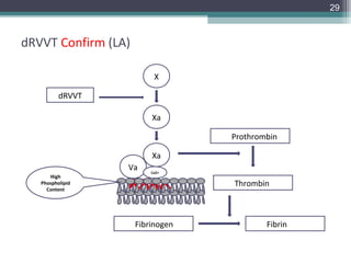 29



dRVVT Confirm (LA)

                          X

          dRVVT

                         Xa

                                  Prothrombin

                         Xa
                  Va     Ca2+
      High
   Phospholipid                   Thrombin
     Content




                     Fibrinogen           Fibrin
 