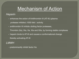 Heparin
- enhances the action of Antithrombin III (AT-III) (plasma
protease inhibitor) 1000 fold ↑ activity
- antithrombin III inhibits clotting factor proteases,
Thrombin (IIa), IXa, Xa, XIa and XIIa, by forming stable complexes
- heparin binds to AT-III and causes a conformational change
thereby activating AT-III
LMWH
- predominantly inhibit factor Xa
Mechanism of Action
 