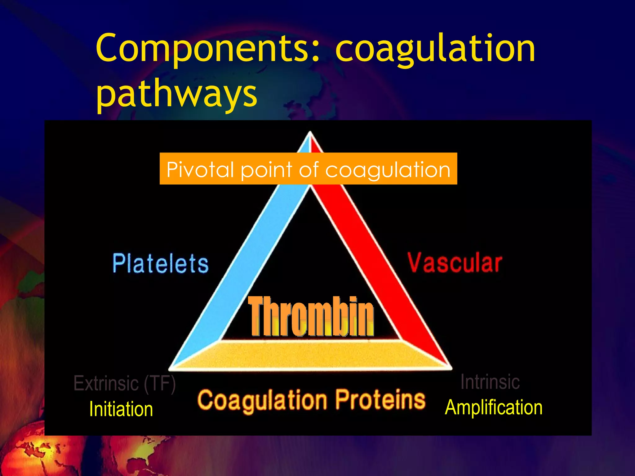 Components: coagulation pathways Extrinsic (TF) Intrinsic  Initiation Amplification Thrombin Pivotal point of coagulation 