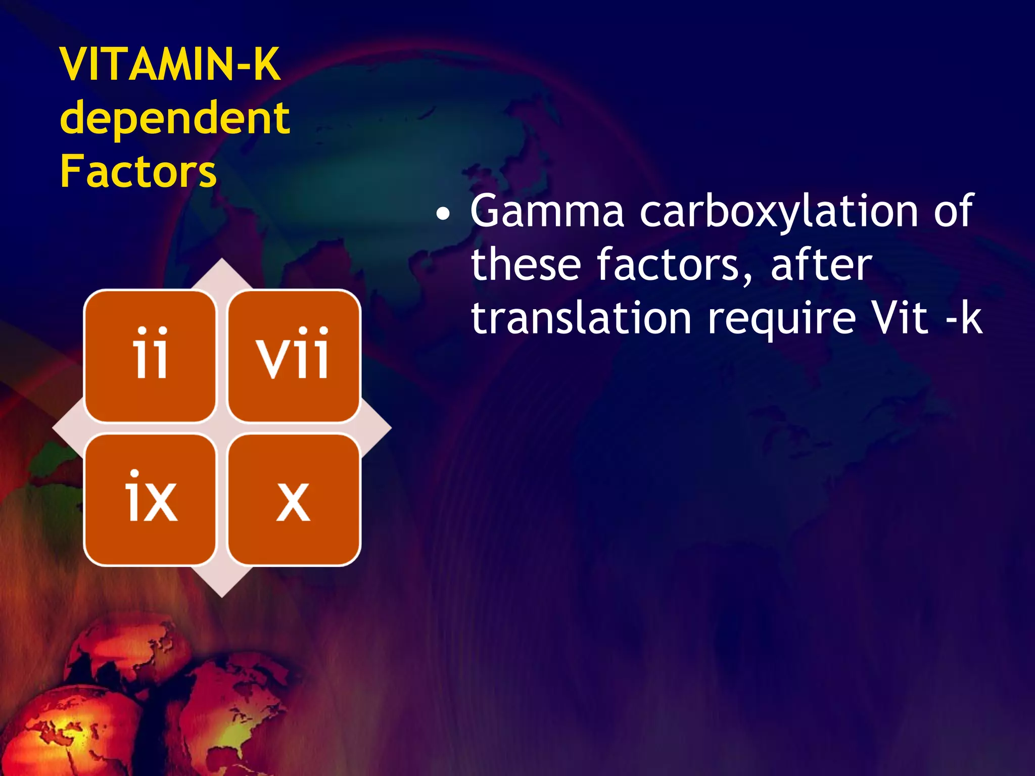 VITAMIN-K dependent Factors Gamma carboxylation of these factors, after translation require Vit -k 