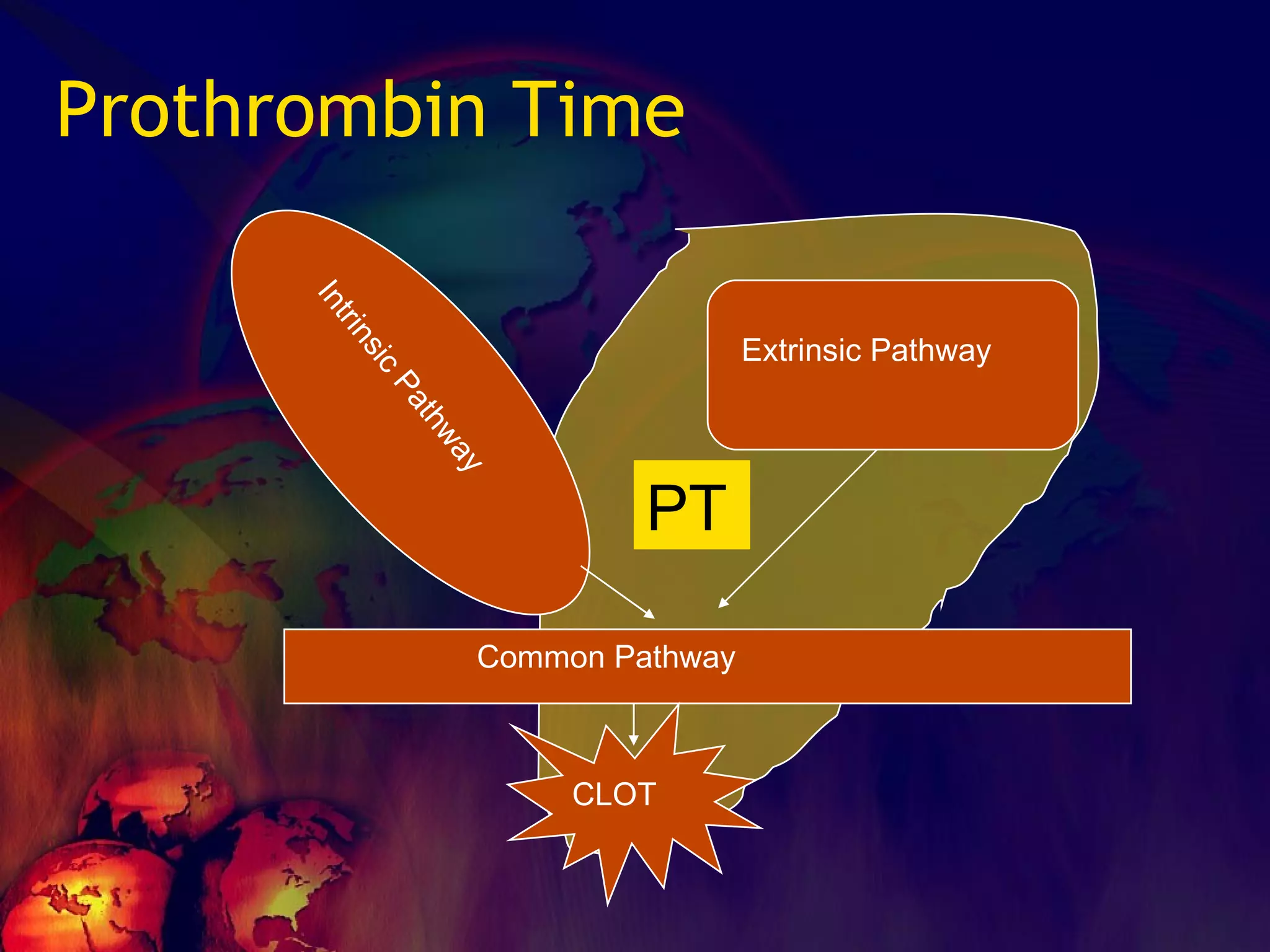 Prothrombin Time Intrinsic Pathway Extrinsic Pathway Common Pathway CLOT PT 