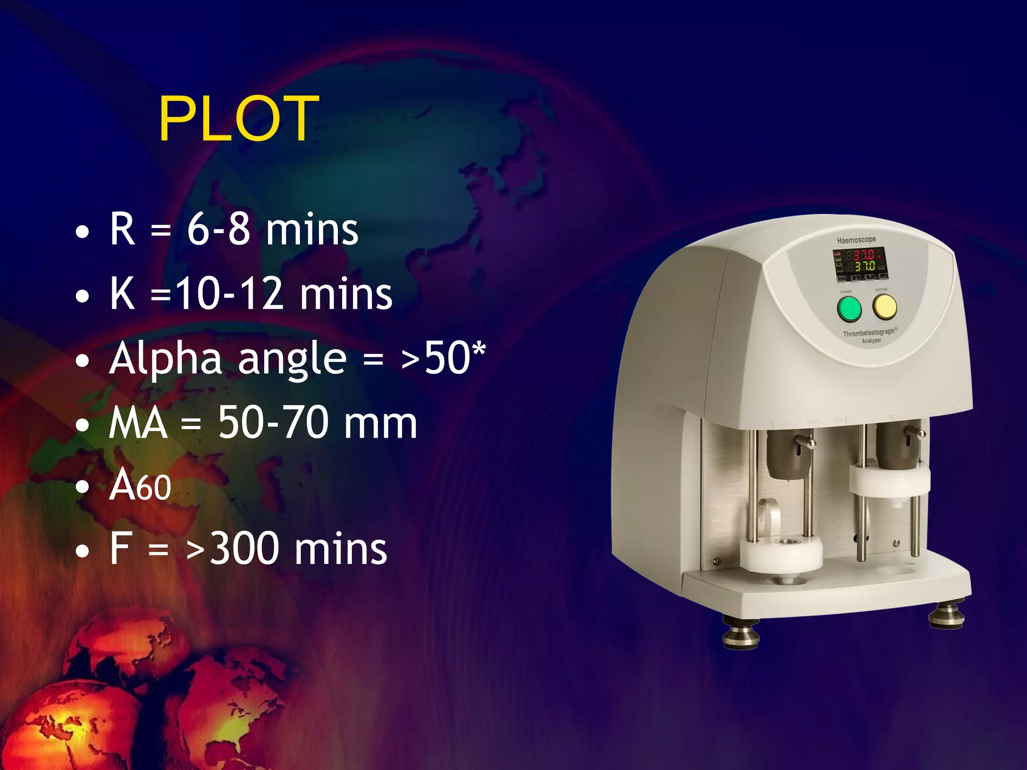PLOT  R = 6-8 mins K =10-12 mins Alpha angle = >50* MA = 50-70 mm A 60  F = >300 mins 