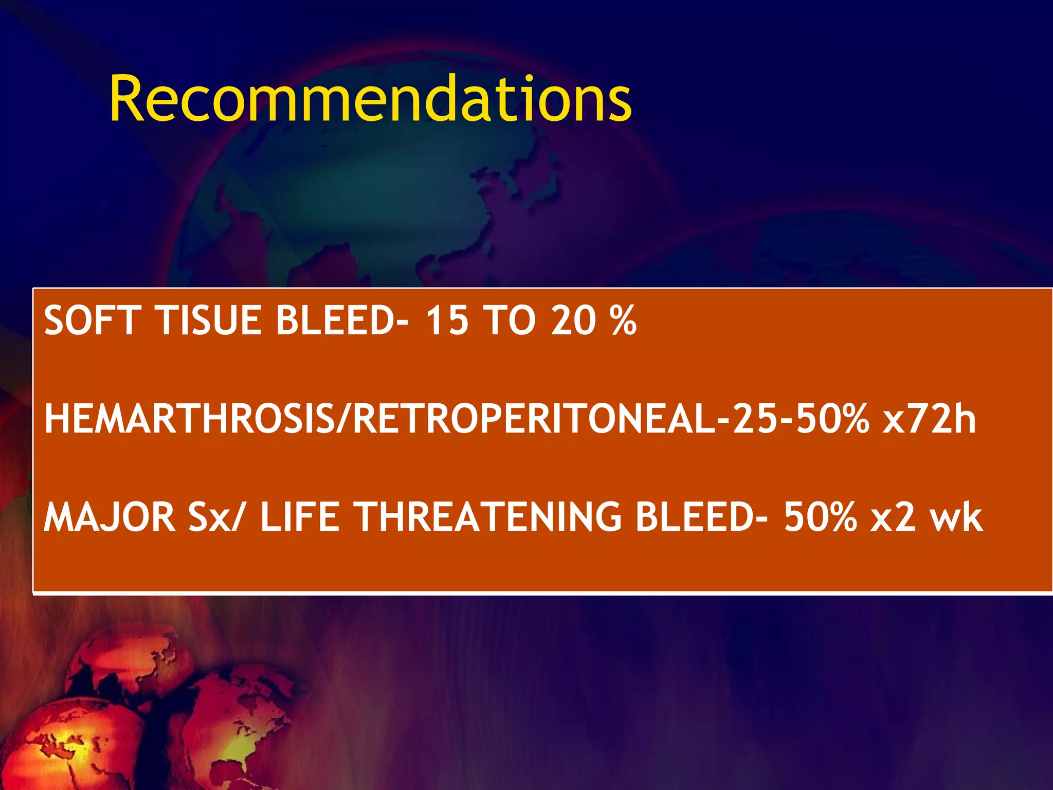 Recommendations  SOFT TISUE BLEED- 15 TO 20 % HEMARTHROSIS/RETROPERITONEAL-25-50% x72h MAJOR Sx/ LIFE THREATENING BLEED- 50% x2 wk 
