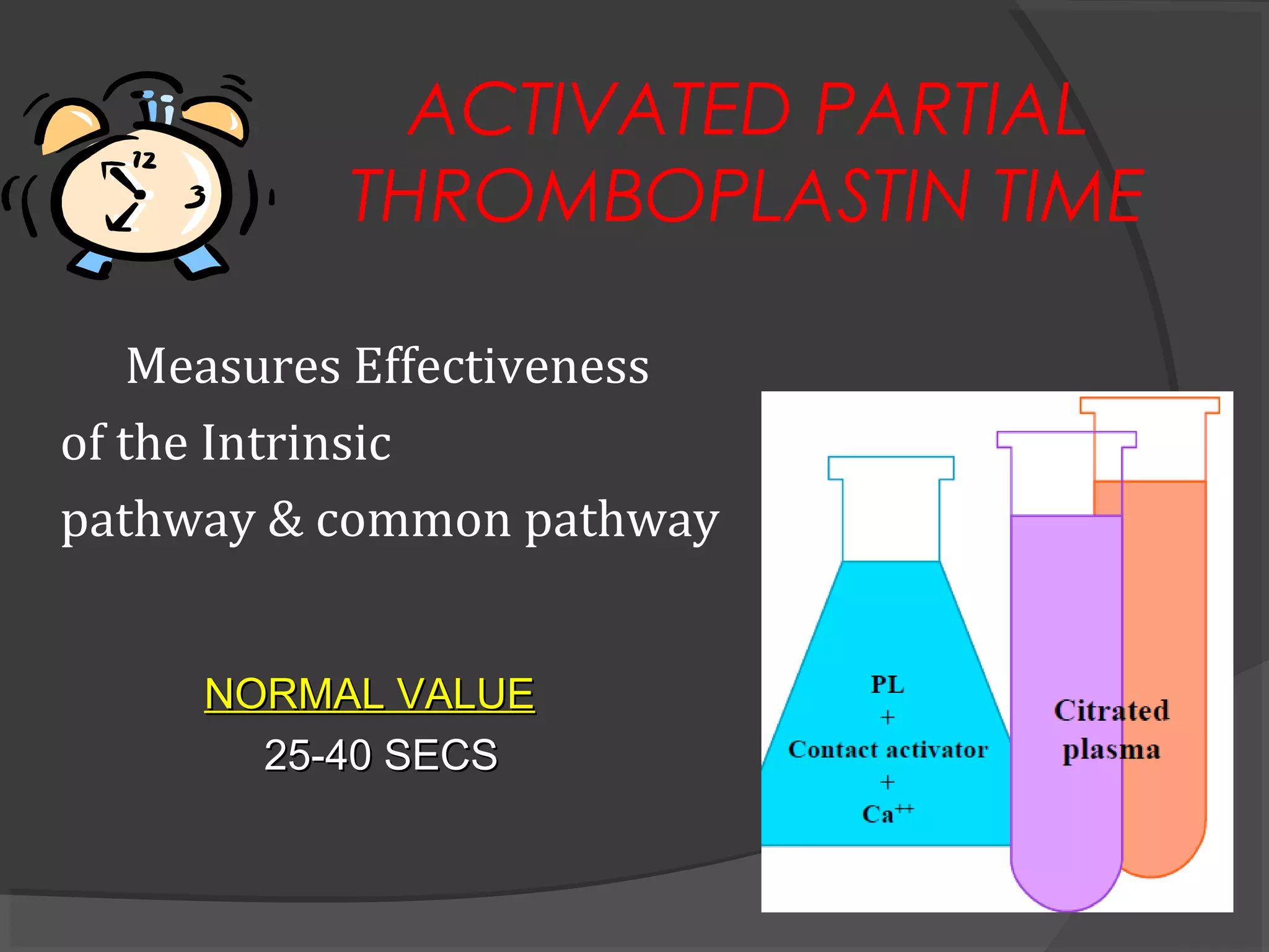 ACTIVATED PARTIAL
THROMBOPLASTIN TIME
Measures Effectiveness
of the Intrinsic
pathway & common pathway
NORMAL VALUENORMAL VALUE
25-40 SECS25-40 SECS
 