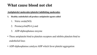 What cause blood not clot
Antiplatelet molecules/platelet inhibiting molecules
1. Healthy endothelial cell produce antiplatelet agents called
1. Nitric oxide(NO)
2. Prostacyclin(PG-I2) and
3. ADP-diphosphatase enzyme
• These antiplatelet bind to platelets receptors and inhibits platelets bind to
endothelial lines
• ADP-diphosphatase catalyze ADP which favor platelet aggregation
 