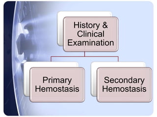 History &
Clinical
Examination
Primary
Hemostasis
Secondary
Hemostasis
 