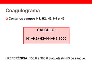 Coagulograma
 Contar os campos H1, H2, H3, H4 e H5
• REFERÊNCIA: 150.0 a 300.0 plaquetas/mm3 de sangue.
CÁLCULO:
H1+H2+H3+H4+H5.1000
 