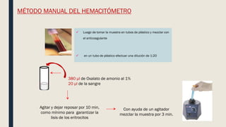 MÉTODO MANUAL DEL HEMACITÓMETRO
 Luego de tomar la muestra en tubos de plástico y mezclar con
el anticoagulante
 en un tubo de plástico efectuar una dilución de 1:20
380 µl de Oxalato de amonio al 1%
20 µl de la sangre
Agitar y dejar reposar por 10 min,
como mínimo para garantizar la
lisis de los eritrocitos
Con ayuda de un agitador
mezclar la muestra por 3 min.
 