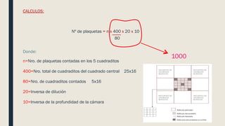 CALCULOS:
Nº de plaquetas = n x 400 x 20 x 10
80
Donde:
n=Nro. de plaquetas contadas en los 5 cuadraditos
400=Nro. total de cuadraditos del cuadrado central 25x16
80=Nro. de cuadraditos contados 5x16
20=Inversa de dilución
10=Inversa de la profundidad de la cámara
1000
 