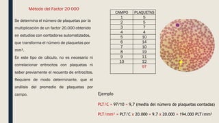 CAMPO PLAQUETAS
1 5
2 5
3 7
4 4
5 10
6 14
7 10
8 19
9 11
10 12
97
Ejemplo
PLT/C = 97/10 = 9,7 (media del número de plaquetas contadas)
PLT/mm³ = PLT/C x 20.000 = 9,7 x 20.000 = 194.000 PLT/mm³
Método del Factor 20 000
Se determina el número de plaquetas por la
multiplicación de un factor 20.000 obtenido
en estudios con contadores automatizados,
que transforma el número de plaquetas por
mm³.
En este tipo de cálculo, no es necesario ni
correlacionar eritrocitos con plaquetas ni
saber previamente el recuento de eritrocitos.
Requiere de modo determinante, que el
análisis del promedio de plaquetas por
campo.
 