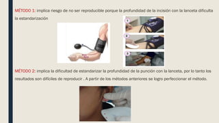 MÉTODO 1: implica riesgo de no ser reproducible porque la profundidad de la incisión con la lanceta dificulta
la estandarización
MÉTODO 2: implica la dificultad de estandarizar la profundidad de la punción con la lanceta, por lo tanto los
resultados son difíciles de reproducir . A partir de los métodos anteriores se logro perfeccionar el método.
 