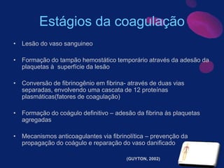 Estágios da coagulação
• Lesão do vaso sanguineo
• Formação do tampão hemostático temporário através da adesão da
plaquetas à superfície da lesão
• Conversão de fibrinogênio em fibrina- através de duas vias
separadas, envolvendo uma cascata de 12 proteínas
plasmáticas(fatores de coagulação)
• Formação do coágulo definitivo – adesão da fibrina às plaquetas
agregadas
• Mecanismos anticoagulantes via fibrinolítica – prevenção da
propagação do coágulo e reparação do vaso danificado
(GUYTON, 2002)
 