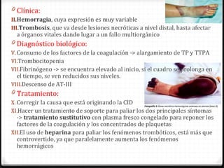 Clínica: Hemorragia , cuya expresión es muy variable T rombosis , que va desde lesiones necróticas a nivel distal, hasta afectar a órganos vitales dando lugar a un fallo multiorgánico Diagnóstico biológico: Consumo de los factores de la coagulación -> alargamiento de TP y TTPA Trombocitopenia Fibrinógeno -> se encuentra elevado al inicio, si el cuadro se prolonga en el tiempo, se ven reducidos sus niveles. Descenso de AT-III Tratamiento: Corregir la causa que está originando la CID Hacer un tratamiento de soporte para paliar los dos principales síntomas ->  tratamiento sustitutivo  con plasma fresco congelado para reponer los factores de la coagulación y los concentrados de plaquetas E l uso de  heparina  para paliar los fenómenos trombóticos, está más que controvertido, ya que paralelamente aumenta los fenómenos hemorrágicos 