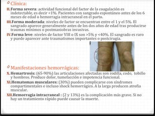 Clínica: Forma severa : actividad funcional del factor de la coagulación es indetectable, es decir <1%. Pacientes con sangrado espontáneo antes de los 6 meses de edad o hemorragia intracraneal en el parto. Forma moderada : niveles de factor se encuentran entre el 1 y el 5%. El sangrado aparece generalmente antes de los dos años de edad tras producirse traumas mínimos o postmaniobras invasivas. Forma leve : niveles de factor VIII o IX son >5% y <40%. El sangrado es raro y puede aparecer ante traumatismos importantes o postcirugía. Manifestaciones hemorrágicas: Hemartrosis:  (65-90%) las articulaciones afectadas son rodilla, codo,  tobillo y hombros. Produce dolor, tumefacción e impotencia funcional.  Hematomas musculares:  (30%) pueden complicarse con síndromes compartimentales e incluso shock hemorrágico. A la larga producen atrofia muscular. Hemorragia intracraneal :  ( 2 y 13%) es la complicación más grave. Si no hay un tratamiento rápido puede causar la muerte. 