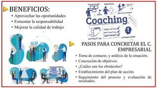 BENEFICIOS:
• Aprovechar las oportunidades
• Fomentar la responsabilidad
• Mejorar la calidad de trabajo
PASOS PARA CONCRETAR EL C.
EMPRESARIAL
• Toma de contacto, y análisis de la situación.
• Concreción de objetivos.
• ¿Cuáles son los obstáculos?
• Establecimiento del plan de acción.
• Seguimiento del proceso y evaluación de
resultados.
 