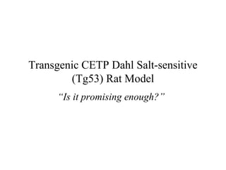 Transgenic CETP Dahl Salt-sensitive
(Tg53) Rat Model
“Is it promising enough?”
 