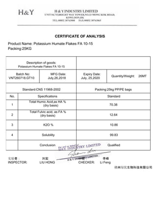 CERTIFICATE OF ANALYSIS
Product Name: Potassium Humate Flakes FA 10-15
Packing:25KG
Description of goods:
Potassium Humate Flakes FA 10-15
Batch No:
VNT260718.GT10
MFG Date:
July,26,2018
Expiry Date:
July, 25,2020
Quantity/Weight: 26MT
Standard:CNS 11968-2002 Packing:25kg PP/PE bags
No. Specifications Standard
1
Total Humic Acid,as HA %
(dry basis) 70.38
2
Total Fulvic acid, as FA %
(dry basis) 12.64
3 K2O % 10.86
4 Solubility 99.83
Conclusion Qualified
实验者： 刘宏 审核： 李峰
INSPECTOR: LIU HONG CHECKER: Li Feng
赣州绿优生物科技有限公司
 