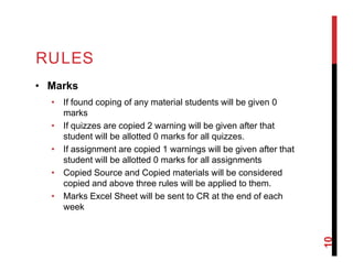 RULES
• Marks
• If found coping of any material students will be given 0
marks
• If quizzes are copied 2 warning will be g...