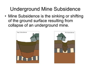 Underground Mine Subsidence Mine Subsidence is the sinking or shifting of the ground surface resulting from collapse of an underground mine. 