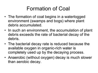 Formation of Coal The formation of coal begins in a waterlogged environment (swamps and bogs) where plant debris accumulated.  In such an environment, the accumulation of plant debris exceeds the rate of bacterial decay of the debris.  The bacterial decay rate is reduced because the available oxygen in organic-rich water is completely used up by the decaying process. Anaerobic (without oxygen) decay is much slower than aerobic decay. 
