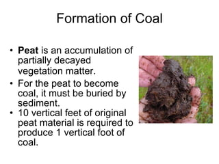 Formation of Coal Peat  is an accumulation of partially decayed vegetation matter.   For the peat to become coal, it must be buried by sediment.  10 vertical feet of original peat material is required to produce 1 vertical foot of coal.  