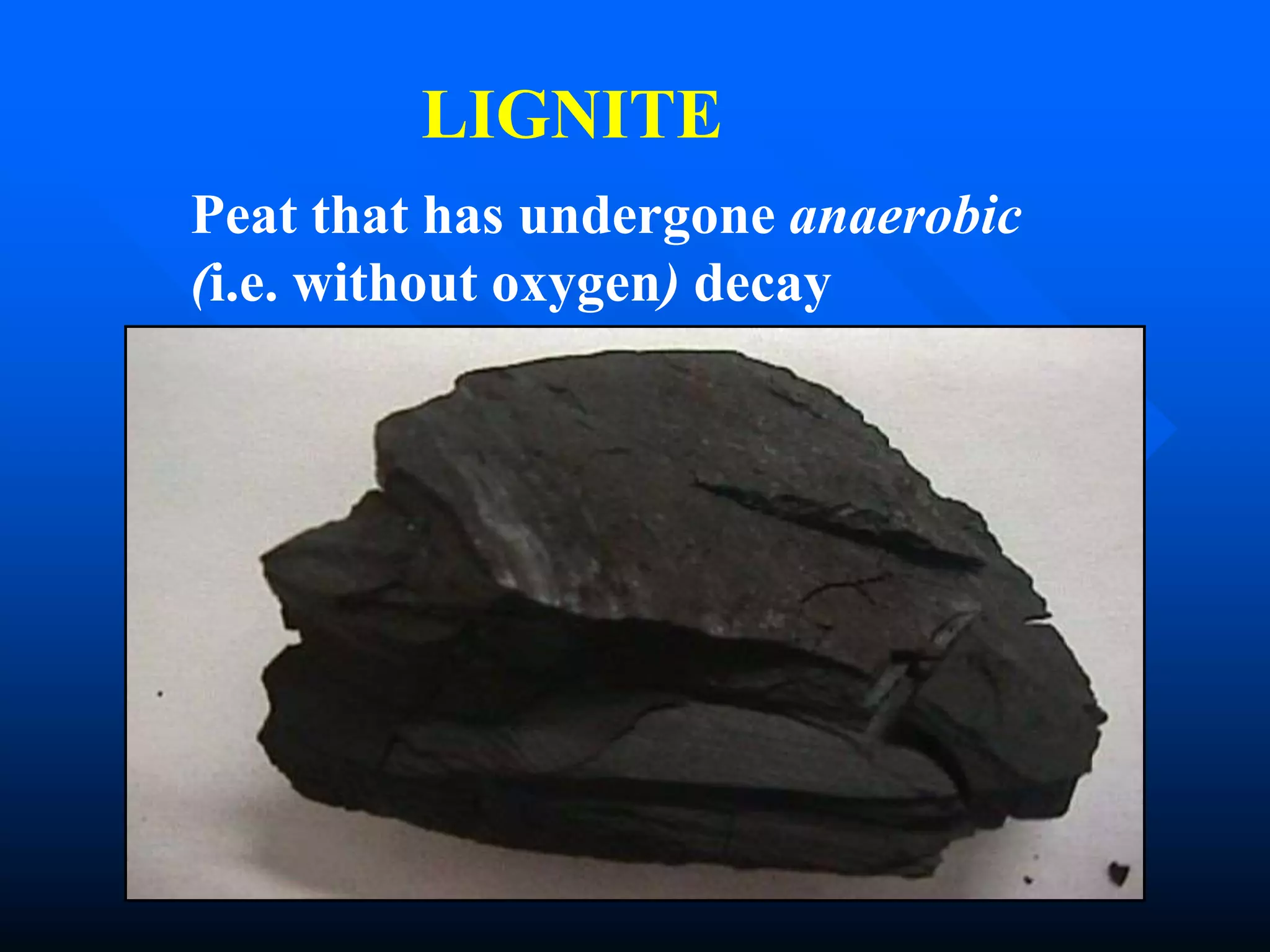 LIGNITE
Peat that has undergone anaerobic
(i.e. without oxygen) decay
 