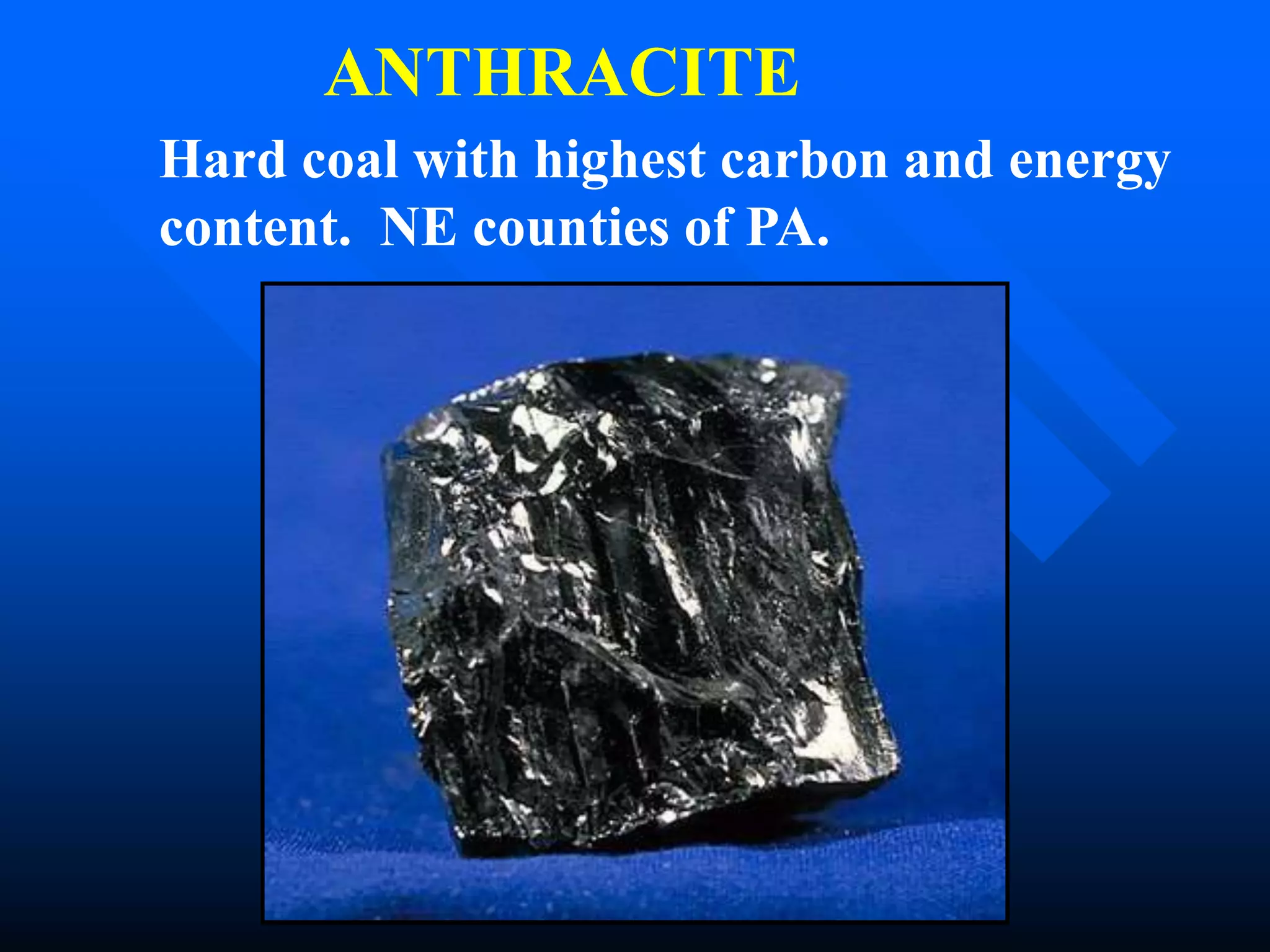 ANTHRACITE
Hard coal with highest carbon and energy
content. NE counties of PA.
 