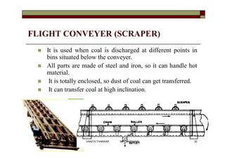 FLIGHT CONVEYER (SCRAPER)
 It is used when coal is discharged at different points in
bins situated below the conveyer.
 All parts are made of steel and iron, so it can handle hot
material.
 It is totally enclosed, so dust of coal can get transferred.
 It can transfer coal at high inclination.
30VANITA THAKKAR BIT, VARNAMA
 