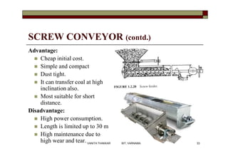 SCREW CONVEYOR (contd.)
Advantage:
 Cheap initial cost.
 Simple and compact
 Dust tight.
 It can transfer coal at high
inclination also.
 Most suitable for short
distance.
Disadvantage:
 High power consumption.
 Length is limited up to 30 m
 High maintenance due to
high wear and tear. 33VANITA THAKKAR BIT, VARNAMA
 