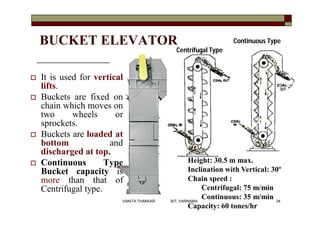 Centrifugal Type
Continuous Type
Height: 30.5 m max.
Inclination with Vertical: 30º
Chain speed :
Centrifugal: 75 m/min
Continuous: 35 m/min
Capacity: 60 tones/hr
BUCKET ELEVATOR
 It is used for vertical
lifts.
 Buckets are fixed on
chain which moves on
two wheels or
sprockets.
 Buckets are loaded at
bottom and
discharged at top.
 Continuous Type
Bucket capacity is
more than that of
Centrifugal type.
34VANITA THAKKAR BIT, VARNAMA
 