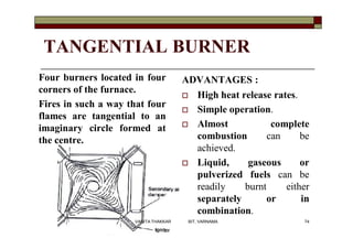 TANGENTIAL BURNER
 High heat release rates.
 Simple operation.
 Almost complete
combustion can be
achieved.
 Liquid, gaseous or
pulverized fuels can be
readily burnt either
separately or in
combination.
ADVANTAGES :Four burners located in four
corners of the furnace.
Fires in such a way that four
flames are tangential to an
imaginary circle formed at
the centre.
74VANITA THAKKAR BIT, VARNAMA
 