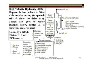 High Velocity Hydraulic AHS :
Hoppers below boiler are fitted
with nozzles on top (to quench
ash) & sides (to drive ash).
Cooled ash goes to water
channel below, settles & is
removed. Water reused.
Capacity : 120t/h
Distance : 1km
PCBs use it.
93VANITA THAKKAR BIT, VARNAMA
 