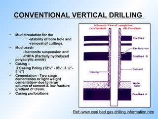 CONVENTIONAL VERTICAL DRILLING
• Mud circulation for the
-stability of bore hole and
-removal of cuttings.
• Mud used:-
- bentonite suspension and
-PHPA (Partially hydrolyzed
polyacrylic amide)
• Casing –
2 Casing Policy (12¼” - 9⅝”, 8 ½”-
5 ½”)
• Cementation - Two stage
cementation or light weight
cementation- due to large
column of cement & low fracture
gradient of Coals.
• Casing perforations
Ref:-www.coal bed gas drilling information.htm
 