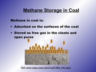 Methane Storage in Coal
Methane in coal is:
• Adsorbed on the surfaces of the coal
• Stored as free gas in the cleats and
open pores
Ref:-www.wsgs.uwyo.edu/Coal/CBM_Info.aspx
 